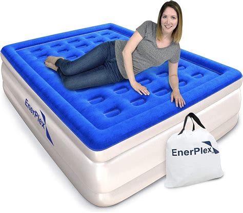 Best queen air mattress with built in pump - Fast Use: Our queen air mattress with built in pump inflates in under 2 min. If camping or traveling, use a portable battery pack or car outlet adapter alongside the pump to inflate. High-Quality: Designed with puncture-resistant PVC, this 16" blow up mattress has a premium comfort top flocking to prevent leaking and provide non-slip stability.